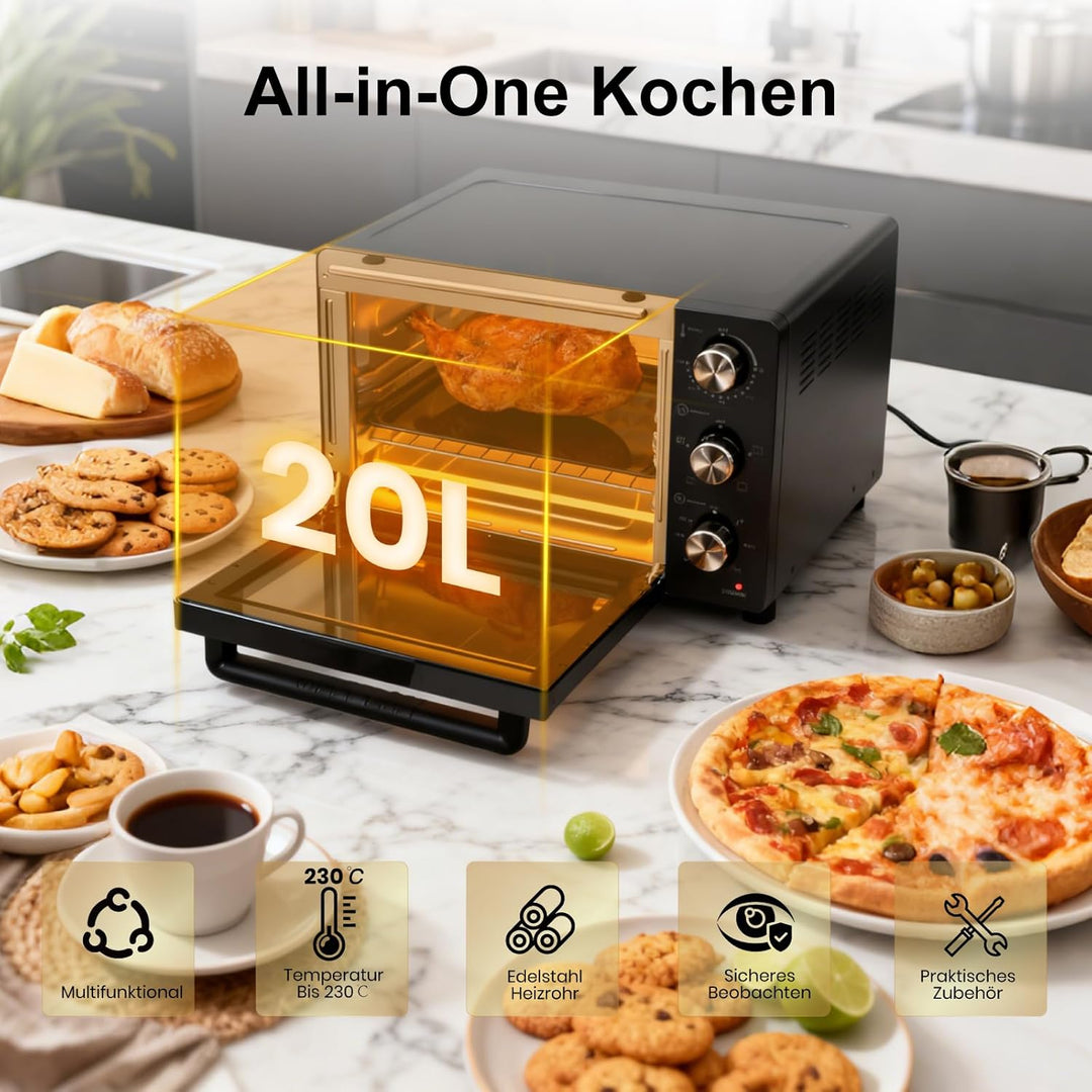 SUPERLEX Mini Backofen 21L Mit Umluft 1200W Ofen Klein 70°C-230°C Tischbackofen 6 Heizmodi 60 Min Ti