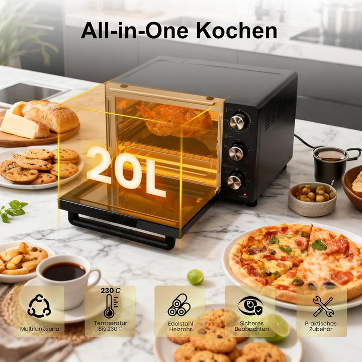 SUPERLEX Mini Backofen 21L Mit Umluft 1200W Ofen Klein 70°C-230°C Tischbackofen 6 Heizmodi 60 Min Ti