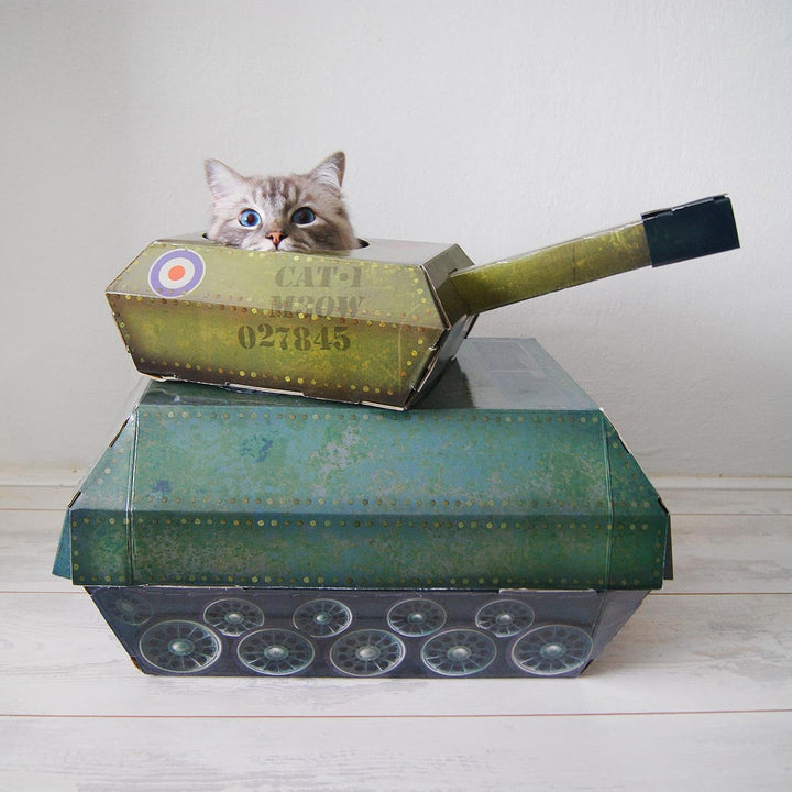 Suck UK Tank Katzenhaus aus Pappe, Kätzchenspielzeug und Katzenbett, interaktives Katzenspielzeug fü