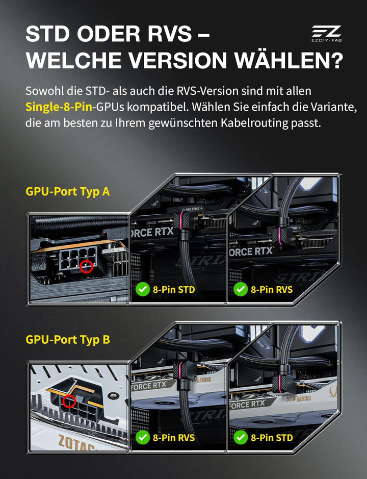 EZDIY-FAB UNIFAS ARGB 8-Pin PCIe-GPU-Verlängerungskabel, 16AWG, 90-Grad-Rechtwinkelstecker, 5V 3-Pin