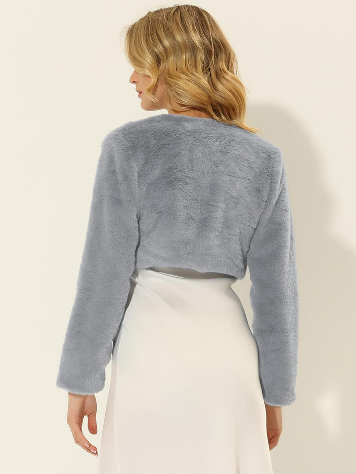 Allegra K Damen Bolero Langarm Braut Winterjacke Kurz Geschnittene Offenem Fell Kunstpelz Hochzeits