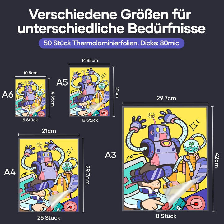 Heisslaminierfolien 80mic für A3 A4 A5 A6, Laminierfolien in Premium-Qualität im 50 Stück, Glänzend,