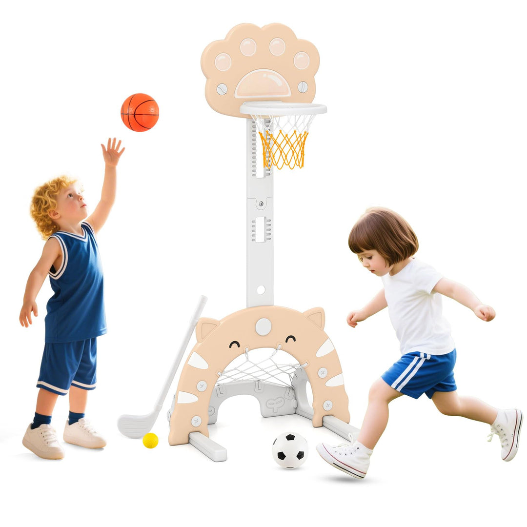 HOMASIS 3 in 1 Kinder Basketballkorb Set, multifunktional Basketballständer mit Fussballtor &amp; Golf,