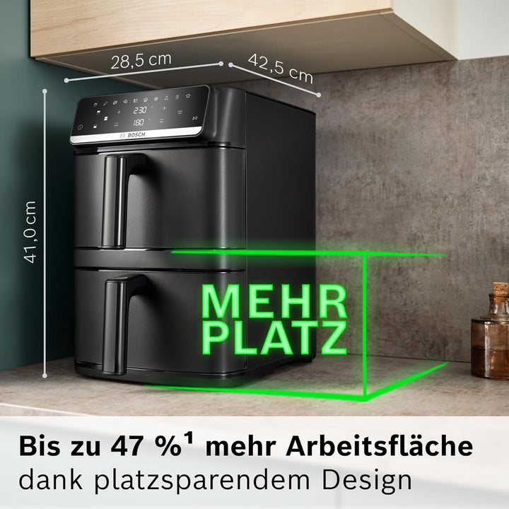 Bosch Serie 6 XXL Heissluftfritteuse, 12 L Doppelkammer, platzsparend, 6 Programme, PFAS frei, schwa