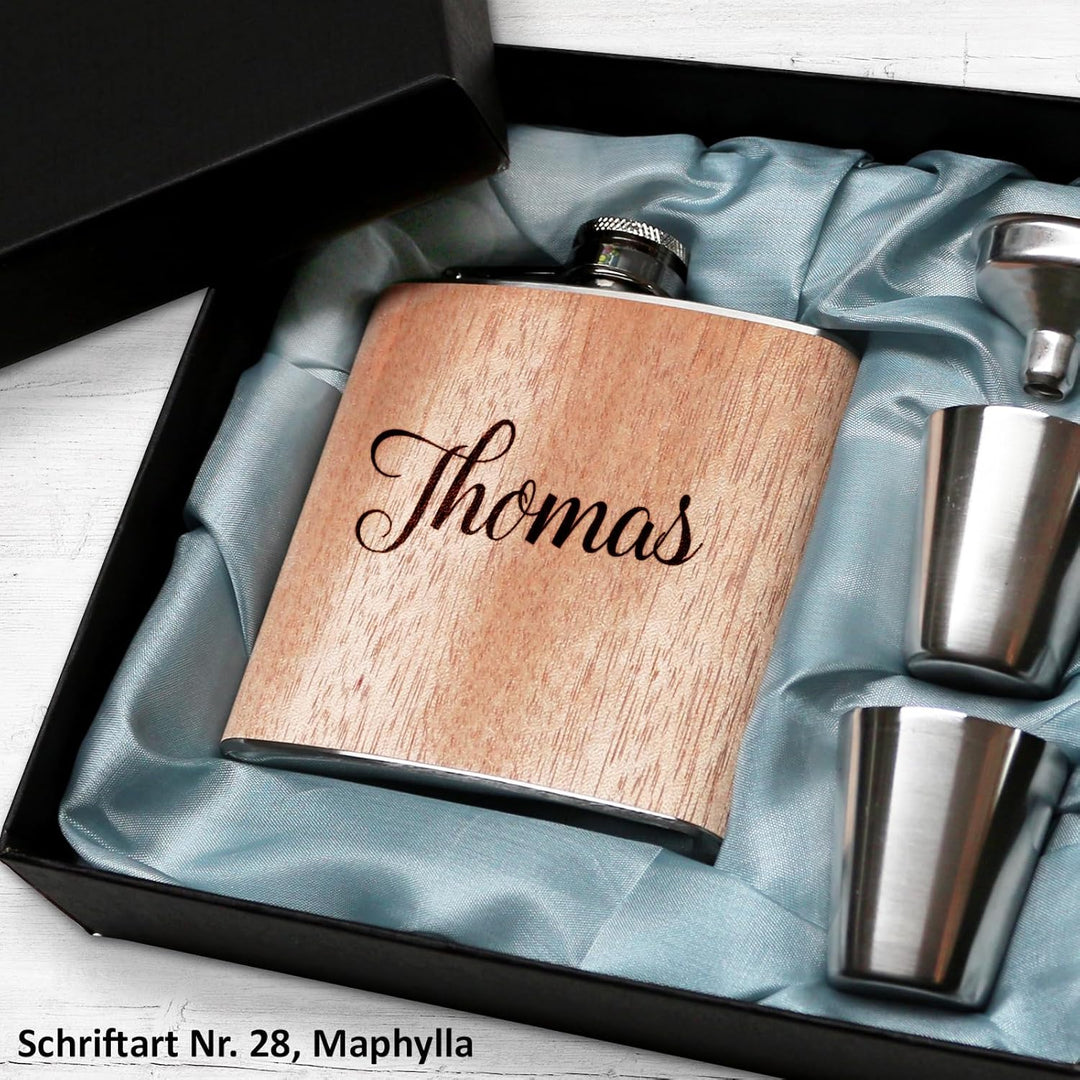 Flachmann mit Gravur. Edelstahl Flachmann personalisiert. Geschenke für Männer. Holz, Holz