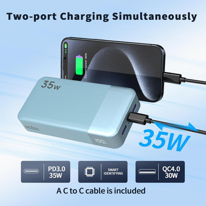 Nobis Power Bank, 20000mAh Tragbares Ladegerät, 35W USB C in & Out Schnellladung, 4 Ports Externes B
