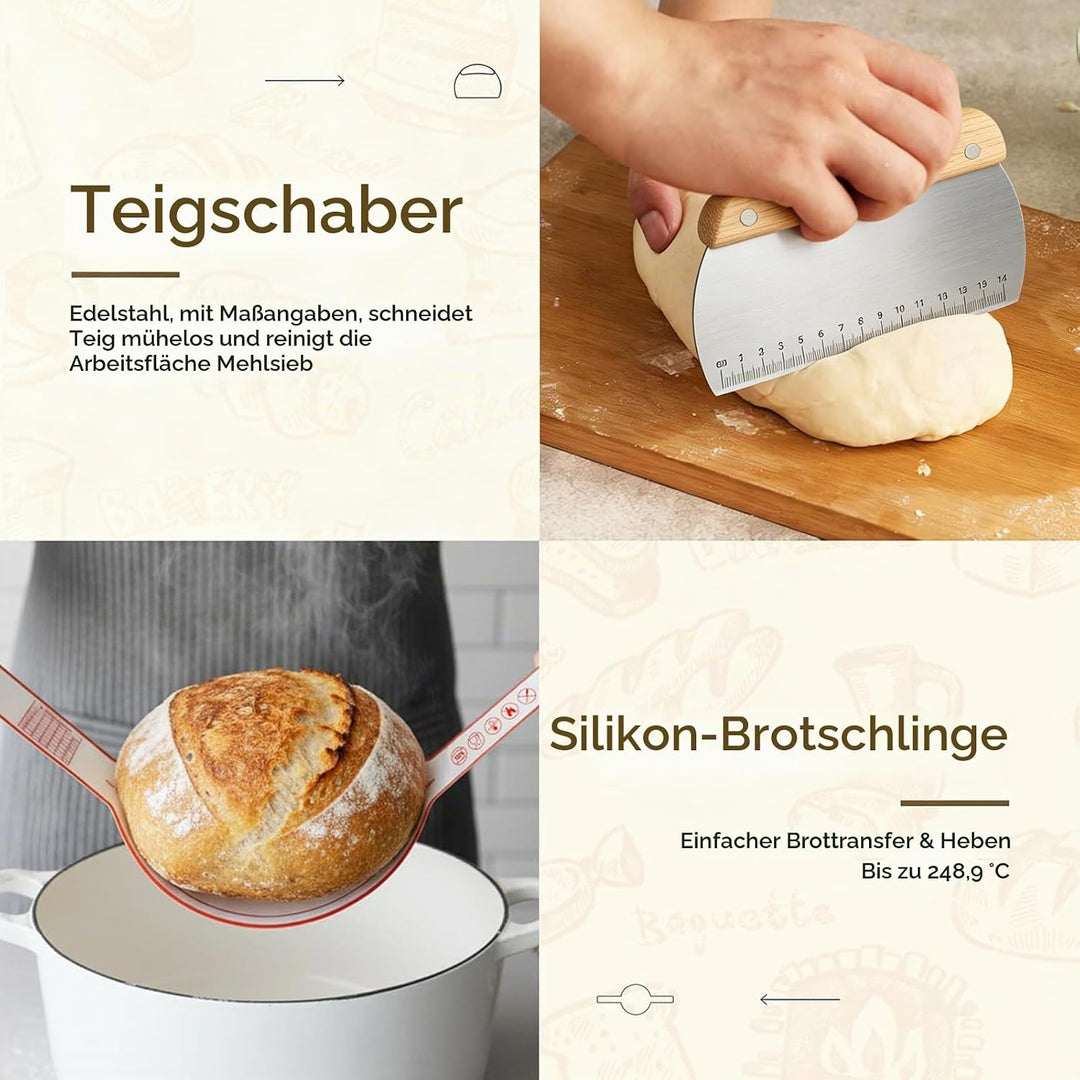 Gärkörbchen Sauerteig Starter Set Silikon 23cm Rund &amp; 25cm Oval Gärkorb mit 650ML Sauerteig Glas Fal
