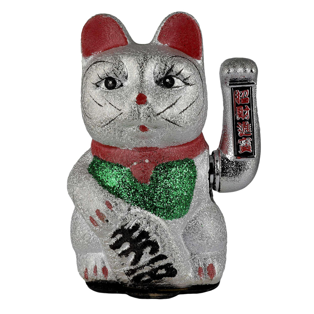 Freak Scene Glückskatze Maneki-Neko Winkekatze aus Keramik 20cm Silber winkende Katze Lucky cat