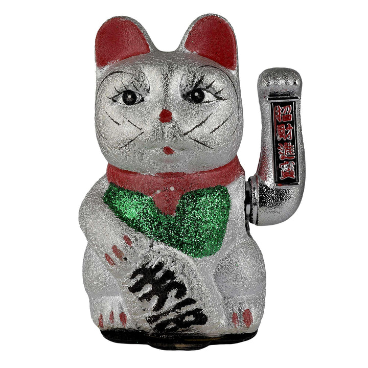 Freak Scene Glückskatze Maneki-Neko Winkekatze aus Keramik 20cm Silber winkende Katze Lucky cat
