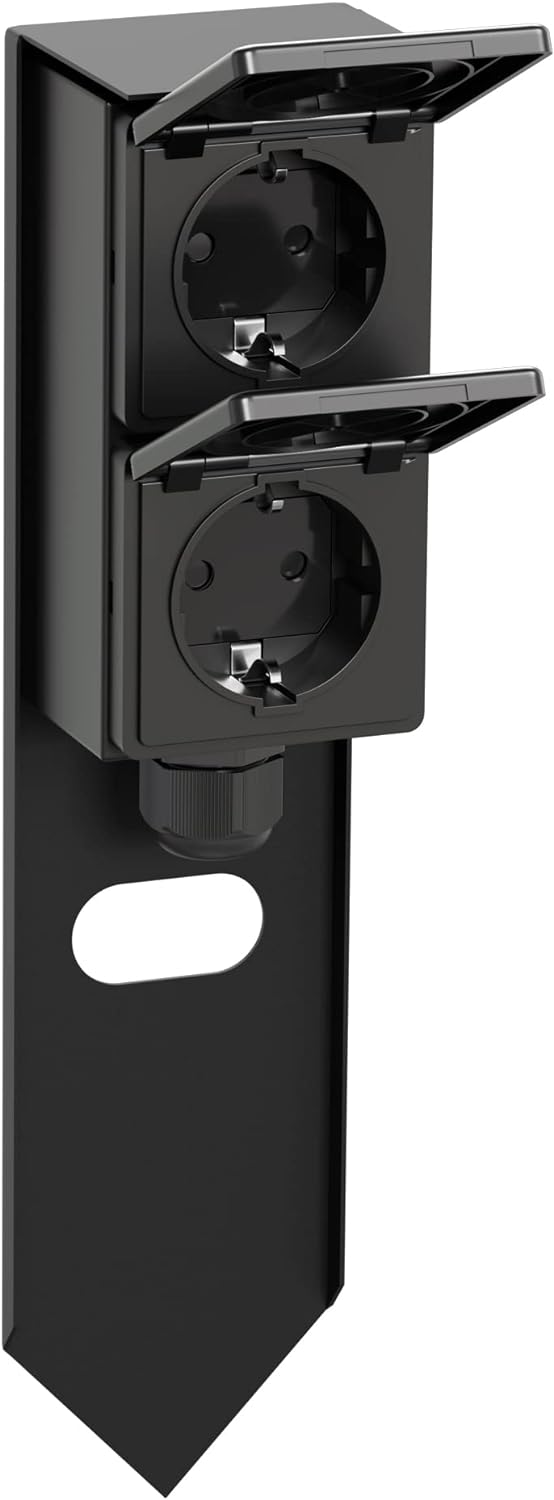 ledscom.de Garten Steckdosensäule PIWI mit Erdspiess für aussen, IP44, 2-fach, schwarz, eckig, 30 cm
