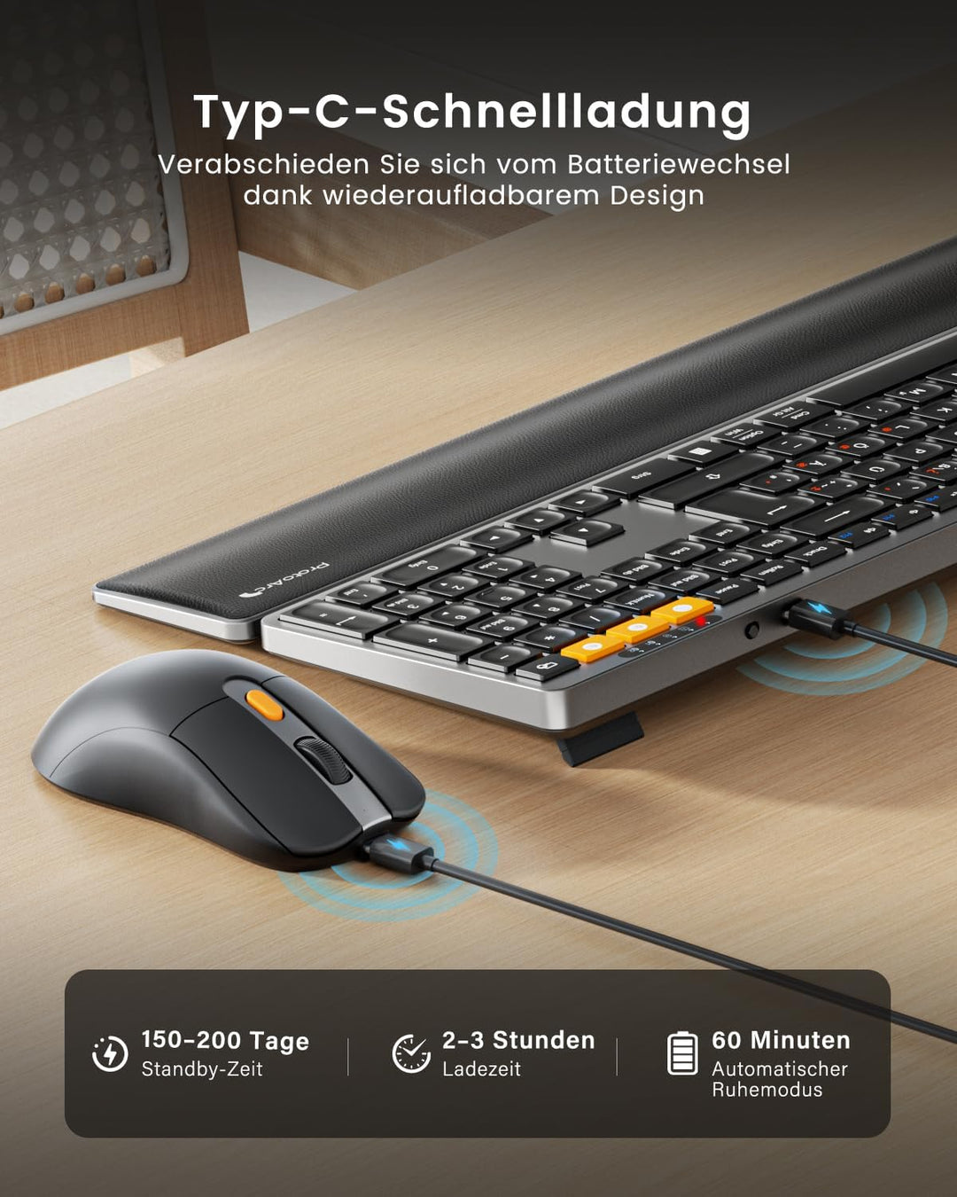 ProtoArc Kabellos Tastatur Maus Set, KM60 Full-Size Bluetooth Tastatur und Maus mit Handballenauflag