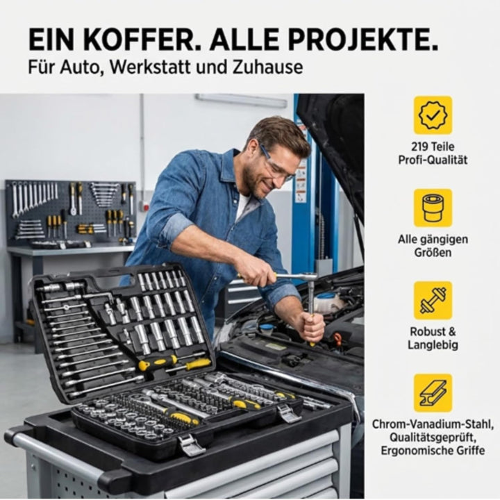 TOPEX Werkzeugkoffer 219-tlg: 1/2", 3/8", 1/4" Nüsse, Ratschen, Bits, Knarrenkasten, Für Kfz, Werkst