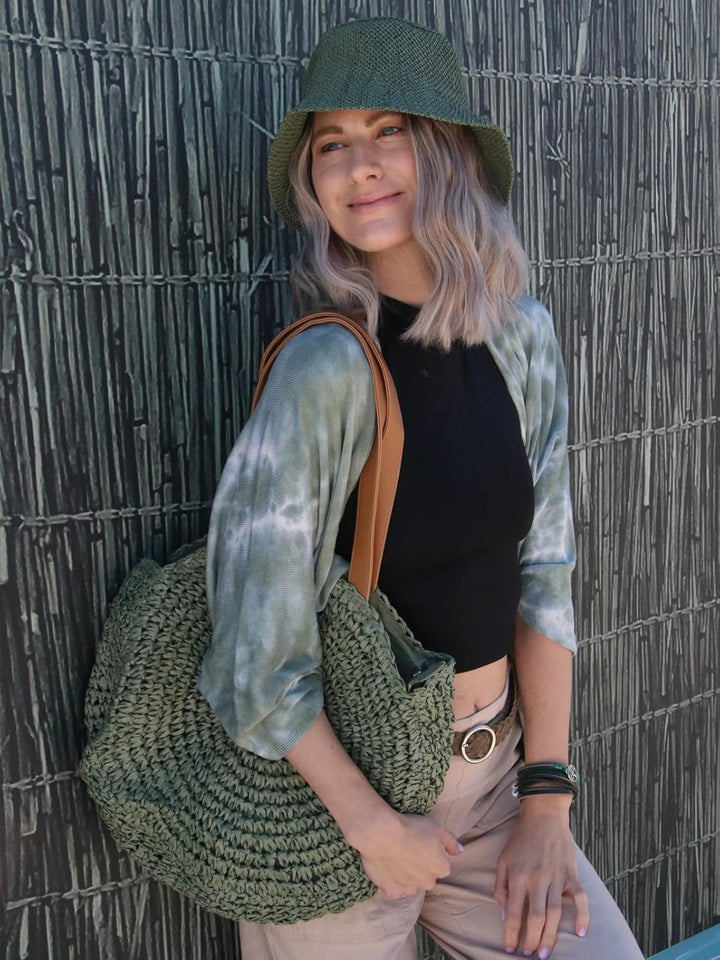 styleBREAKER runde Korbflecht Schultertasche, Strandtasche mit langen Henkeln, Flechttasche, Tasche