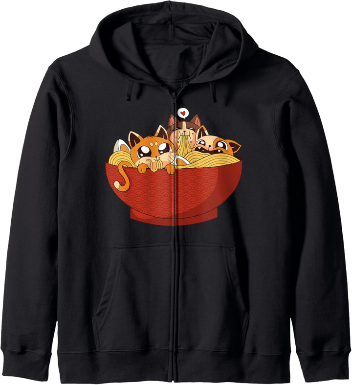 Kawaii Katzen essen Ramen-Nudeln – Japanische Anime Ästhetik Kapuzenjacke