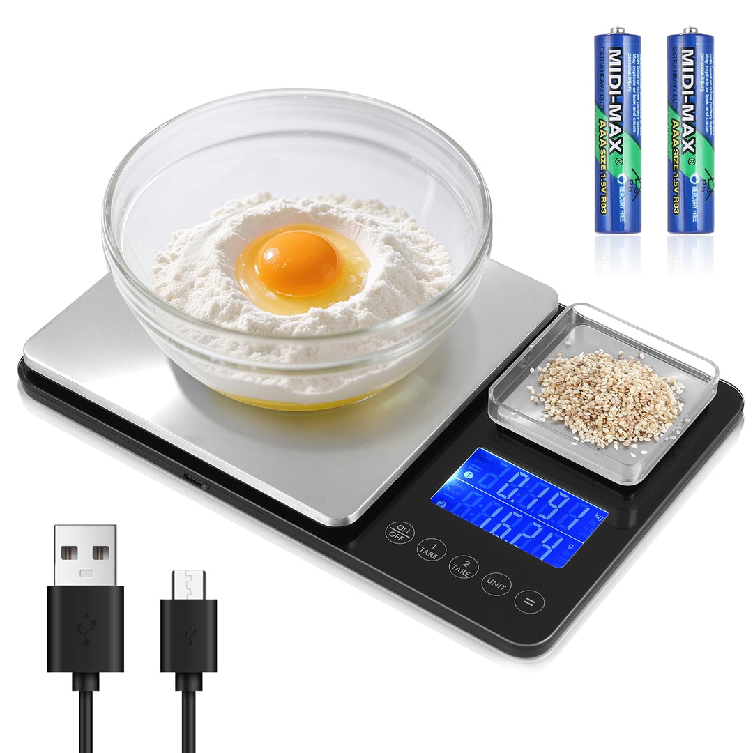 Doppelplattform-Digitalwaage,Digitale Küchenwaage(10kg/1g & 500g/0.01g),USB-Aufladung und Batteriebe