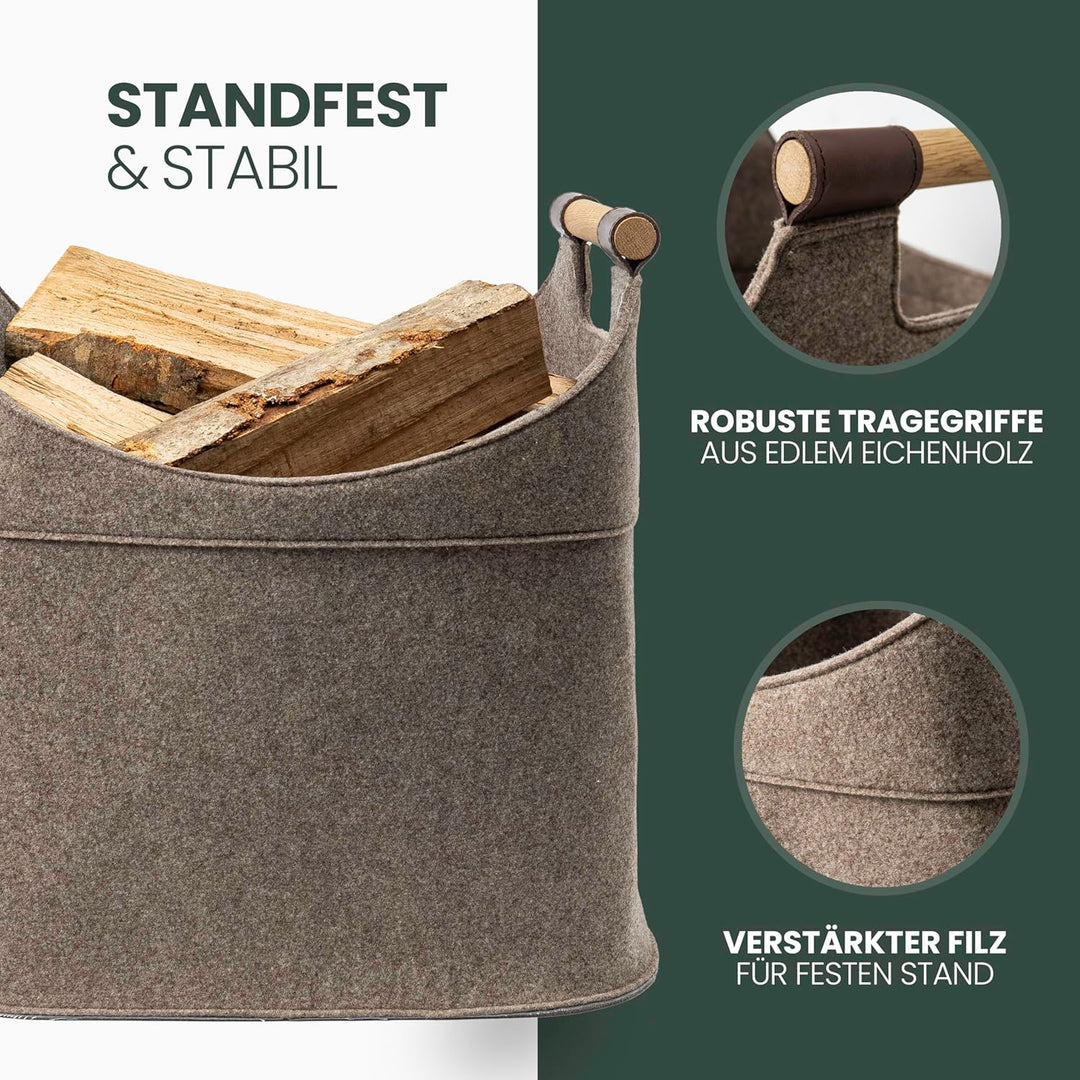 Filz Holzkorb für Kaminholz Gross [40 L] mit Echtholzhenkeln (Eiche) Plegeleichter Boden - Made in G