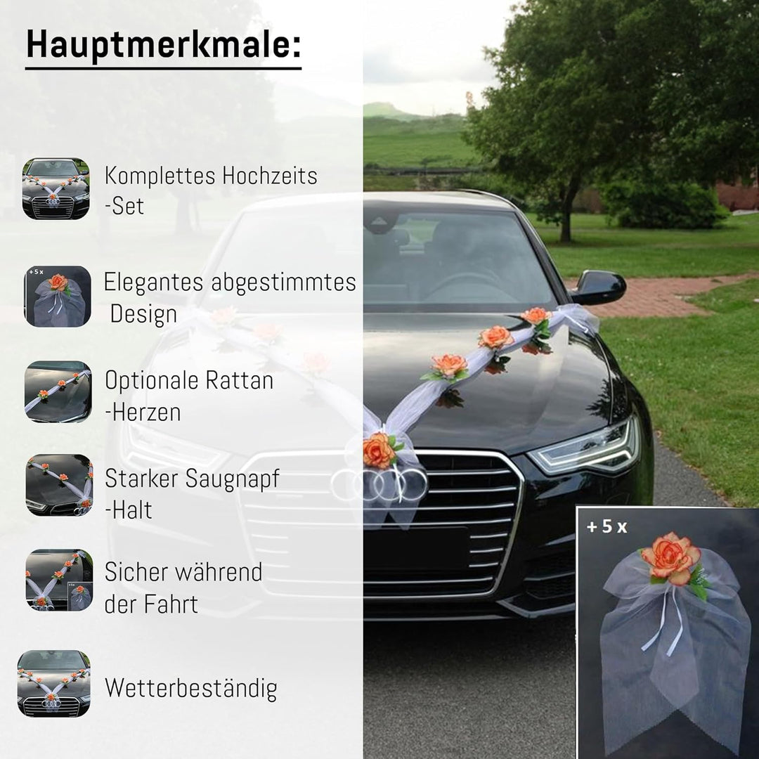 Organza M + Schleife Auto Schmuck Braut Paar Rose Deko Dekoration Autoschmuck Hochzeit Car Auto Wedd
