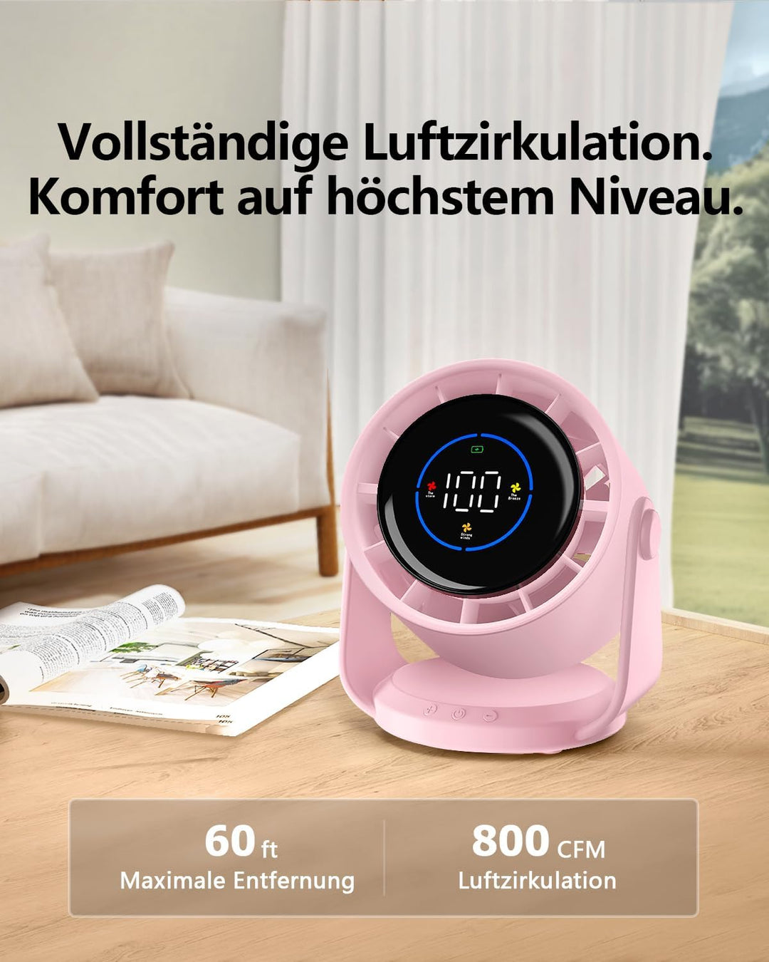 Tischventilator, USB Ventilator mit 100 Geschwindigkeitsstufen 105° Schwenkfunktion LED Display mit
