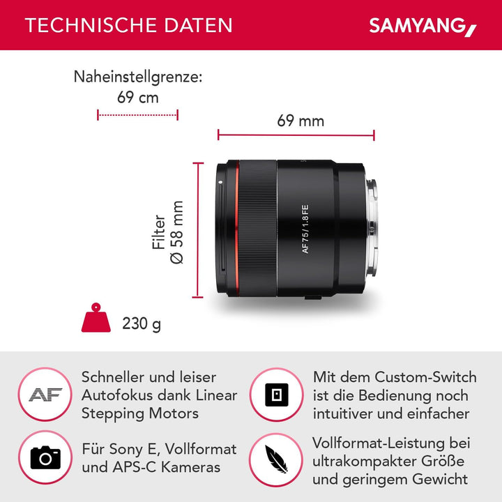 Samyang AF 75mm F1.8 FE (Tiny but Absolute) – Porträt Objektiv Autofokus Vollformat und APS-C Festbr