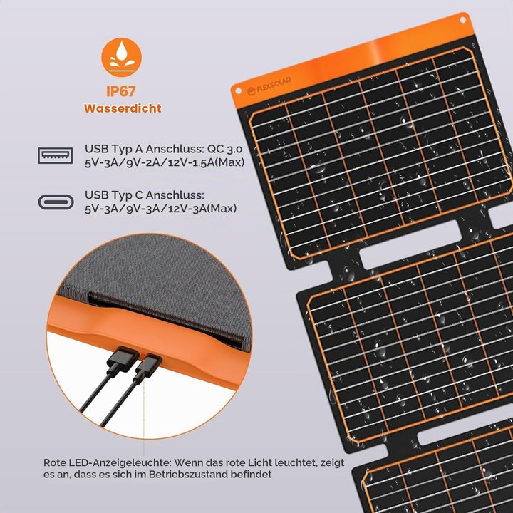 FlexSolar 40W Faltbares Solarpanel, Tragbares Solarladegerät mit USB-A (QC3.0) &amp; USB-C (PD3.0), 13.9
