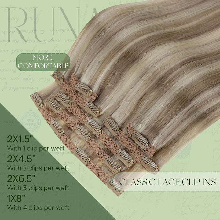 RUNATURE Echthaar Extensions Clip in Aschbraun mit Platinblond Menschliches Haarextensions Clip Seid