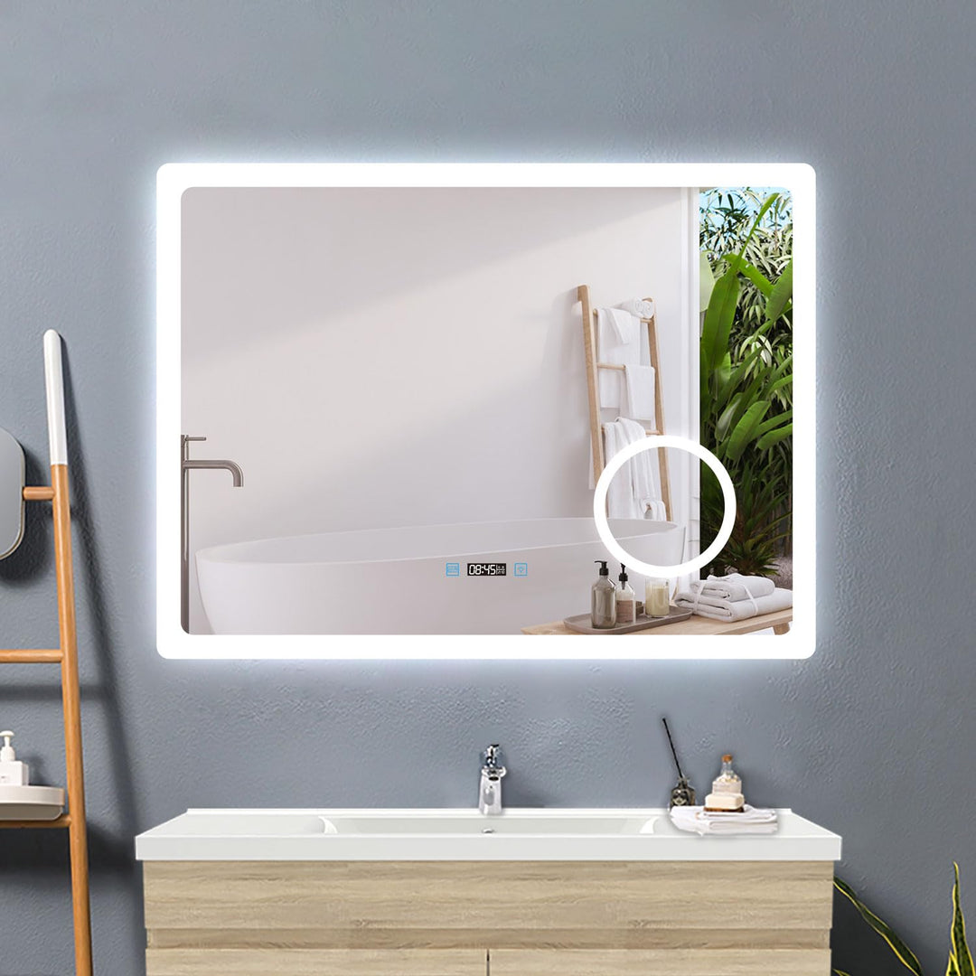 Badspiegel mit Beleuchtung 80x60cm,LED Spiegel mit Uhr Touch Beschlagfrei 3-Fach Schminkspiegel,Bads