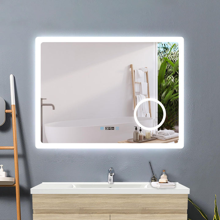 Badspiegel mit Beleuchtung 80x60cm,LED Spiegel mit Uhr Touch Beschlagfrei 3-Fach Schminkspiegel,Bads