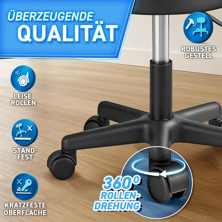 TRESKO Rollhocker höhenverstellbar Schwarz bis 150 kg | Hocker Drehhocker 10 cm Dicke Polsterung 47-