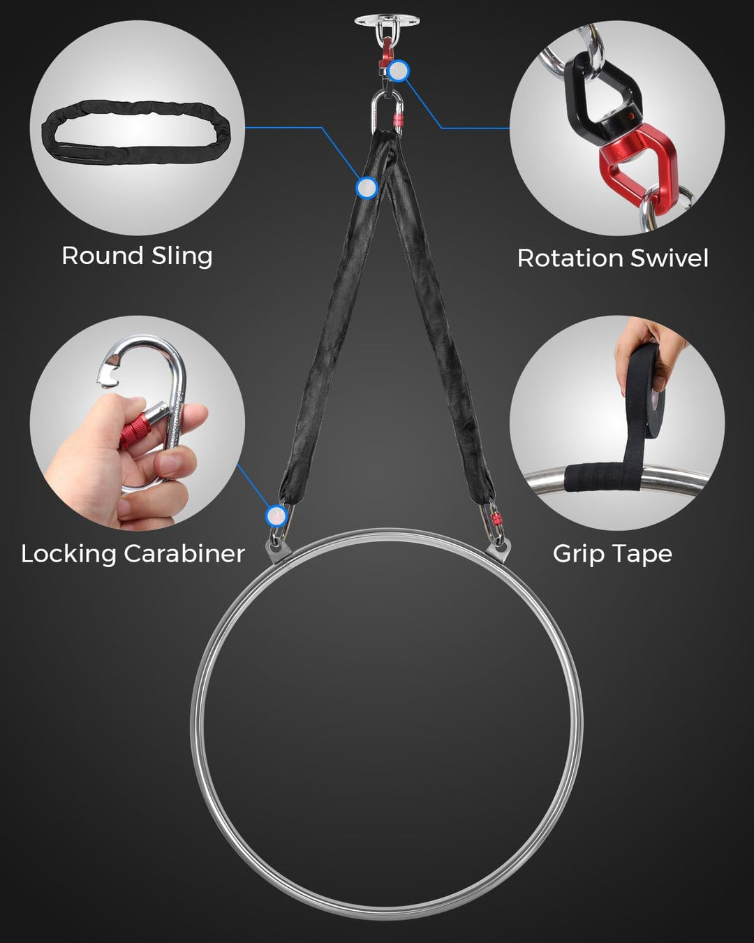 DASKING Aerial Hoop Ring Set - 80 85 90cm Edelstahl 2 Punkte Aerial Lyra Hoop Heavy Duty 500lb Kapaz