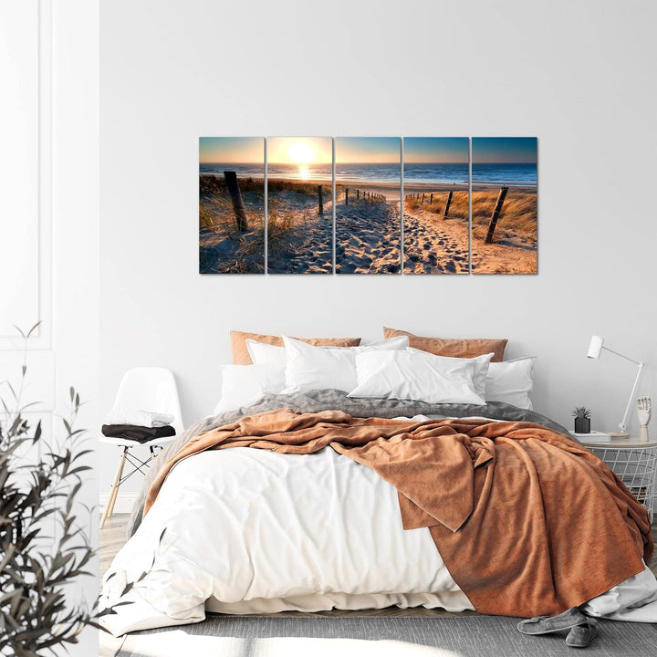 Runa Art Wandbild XXL Strand Sonnenuntergang Schlafzimmer Wohnzimmer 200 x 80 cm Beige Blau 5 Teilig