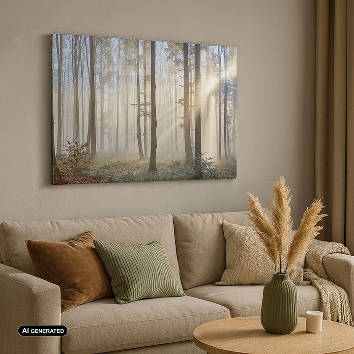 Bilder auf Leinwand 100x70cm Leinwandbild mit Rahmen Wald Baum Natur Gross Wanddeko Bild Schlafzimme