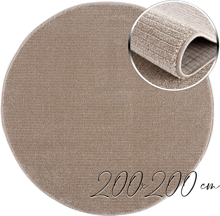 payé Teppich Rund - Beige - 200x200cm - Meliert Muster - Einfarbig - Hoch Tief Effekt - Kurzflor Wei