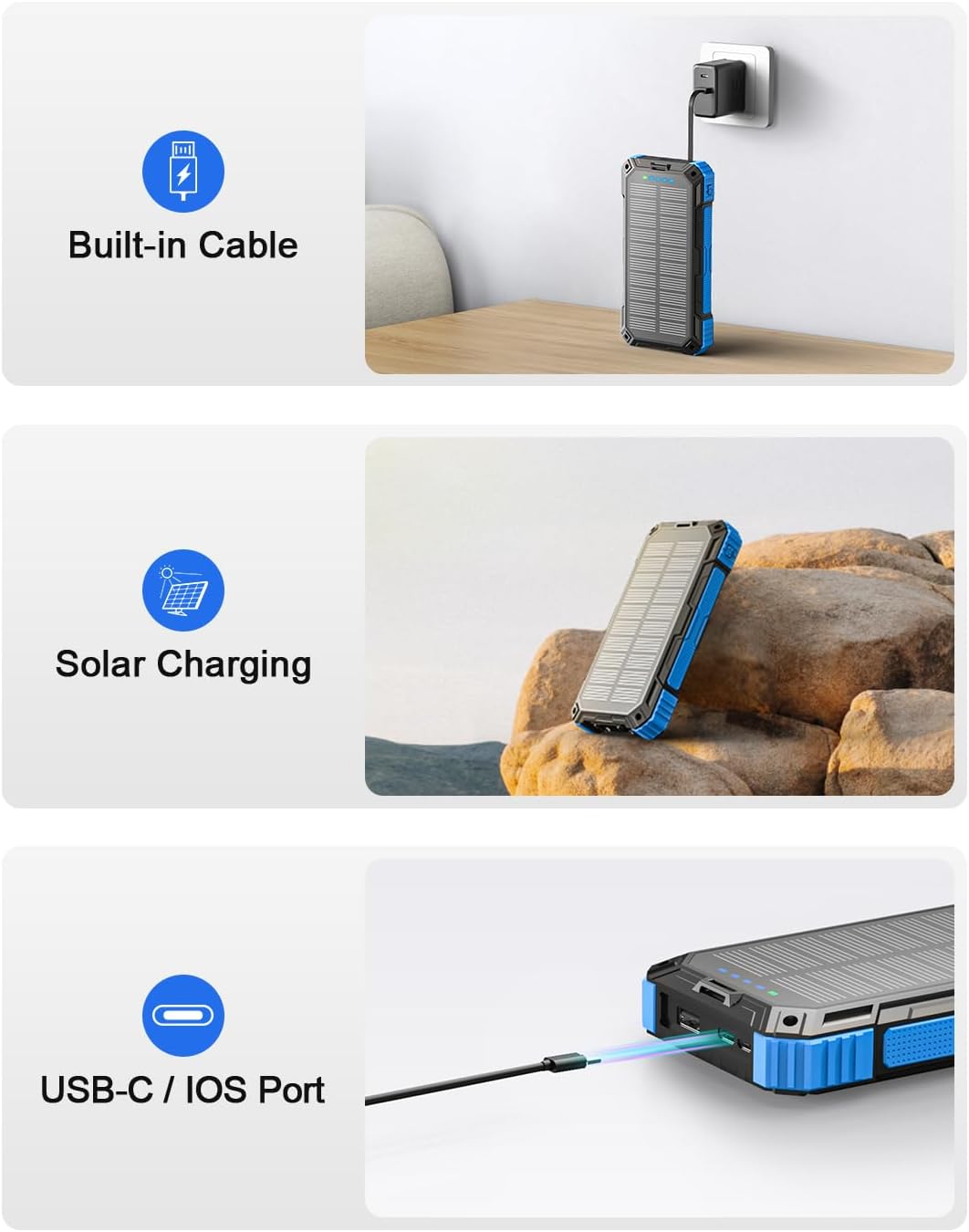 Solar Powerbank, 26800 mAh tragbares Ladegerät mit 4 integrierten Kabeln, Solar-Akkuladegerät mit US