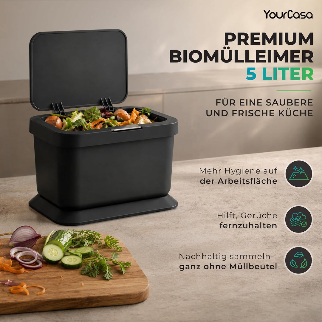 YourCasa® Biomülleimer Küche 5L - geruchsdichter Bio Mülleimer mit Deckel & Knopfdruck-Mechanismus -