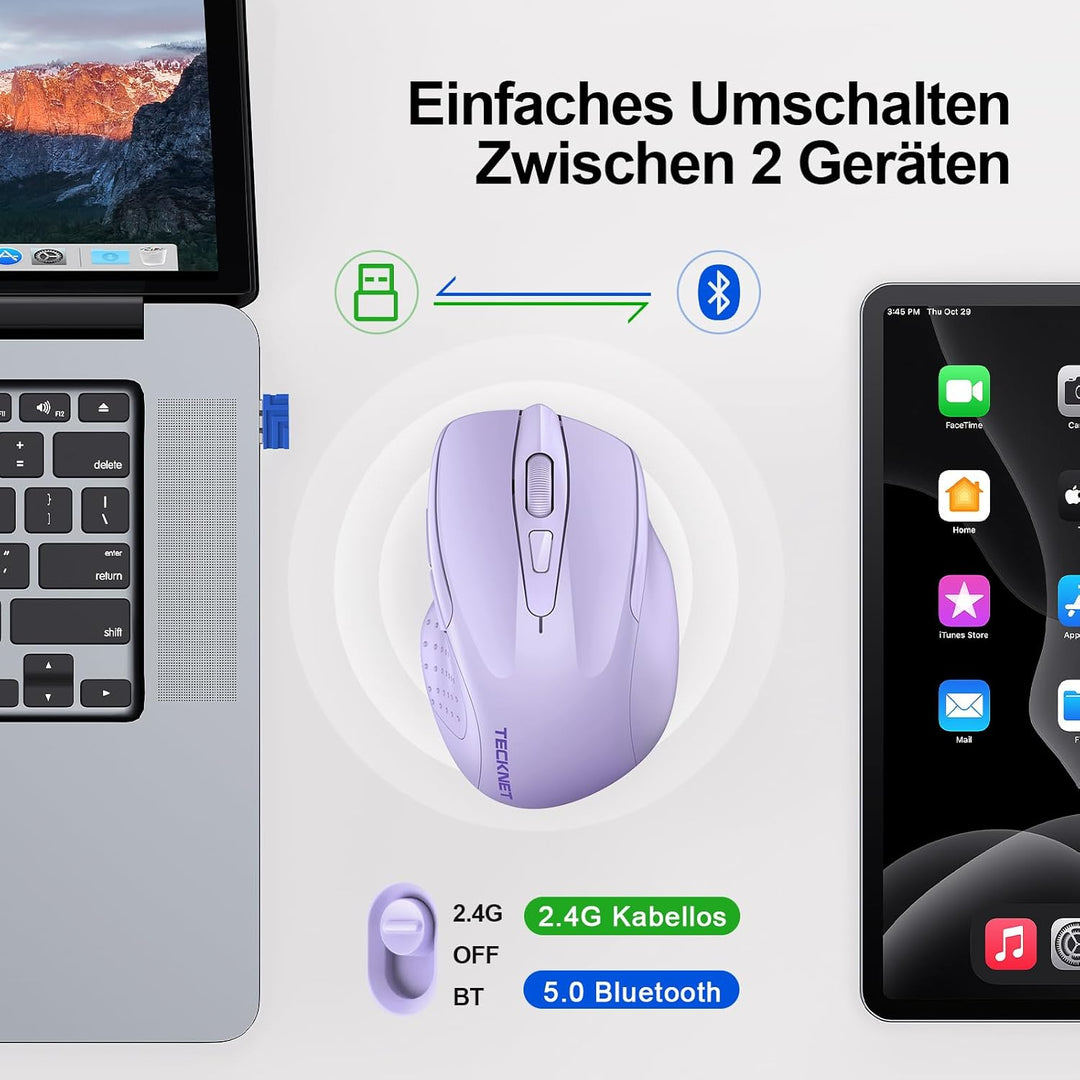 TECKNET Bluetooth Maus, 4800 DPI Kabellos Ergonomische Maus (Tri-Modi: BT 5.0/3.0+2.4G), 30 Monate B
