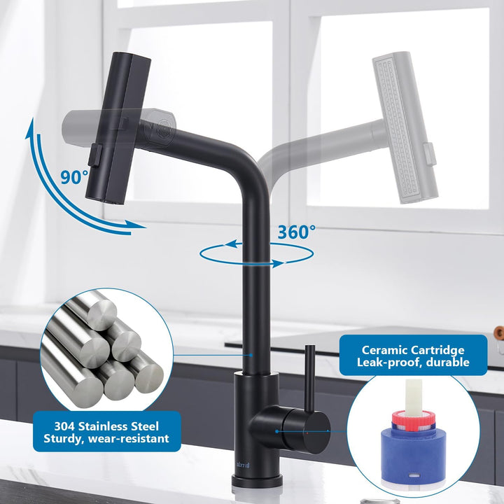 Wasserhahn Küche Schwarz, Küchenarmatur mit Brause Ausziehbar, Wasserfall Hochdruck Mischbatterie Ar