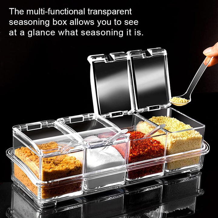 4 Stück Küche Gewürzbox Acryl Würze Box Transparent Gewürzbehälter Spice Dosen mit Löffeln und Abdec