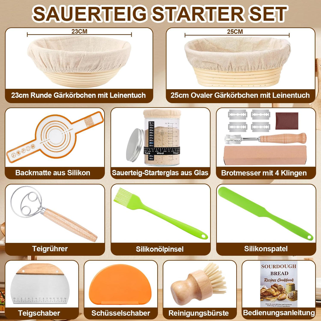 Komplettes Gärkörbchen Sauerteig Starter Set, 2 Gärkorb (25cm Ovale & 23cm Runde), 900ML Sauerteig G