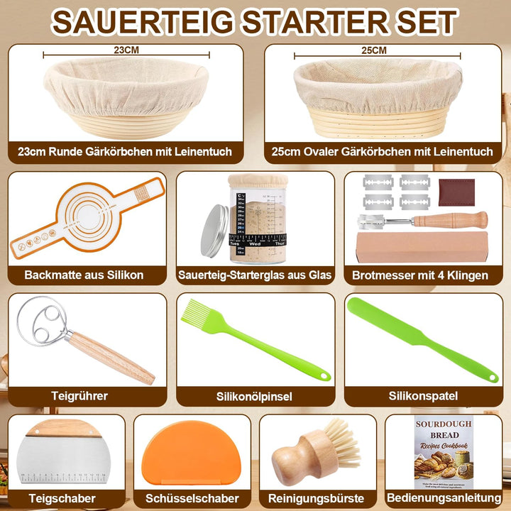 Komplettes Gärkörbchen Sauerteig Starter Set, 2 Gärkorb (25cm Ovale & 23cm Runde), 900ML Sauerteig G