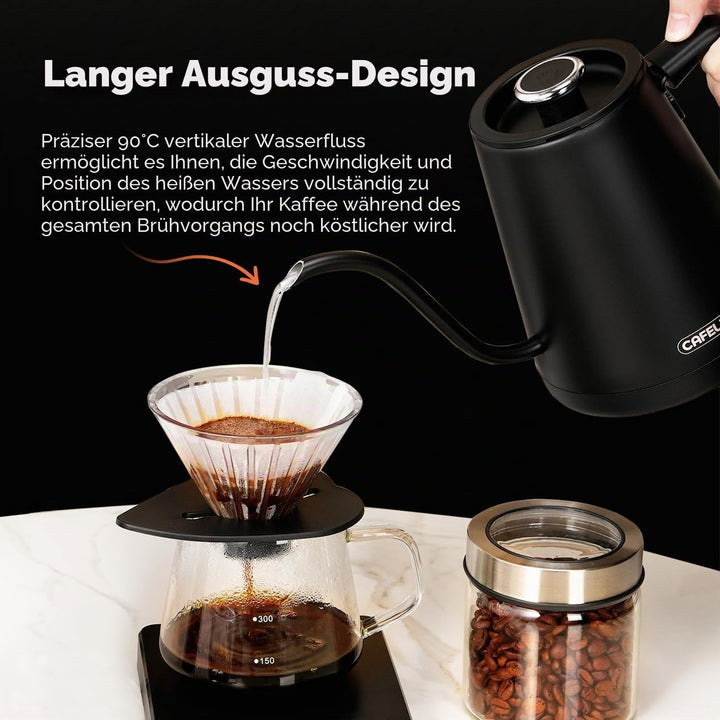 CAFELFFE Elektrischer Schwanenhals-Wasserkocher, 0,8L, 1500 W, Schwarz | Teekanne, Edelstahl-Heisswa