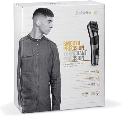 BaByliss Men Carbon Titanium Akku Haarschneider für Kopf- und Barthaare 26 Schnittlängen 0, 5mm-25mm