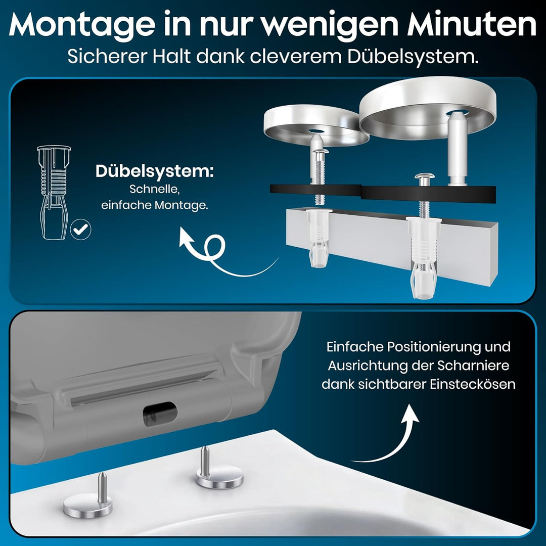 WC-Sitz mit Absenkautomatik, antibakteriell, UV-beständig, mit Quick-Release & Montageschablone – le