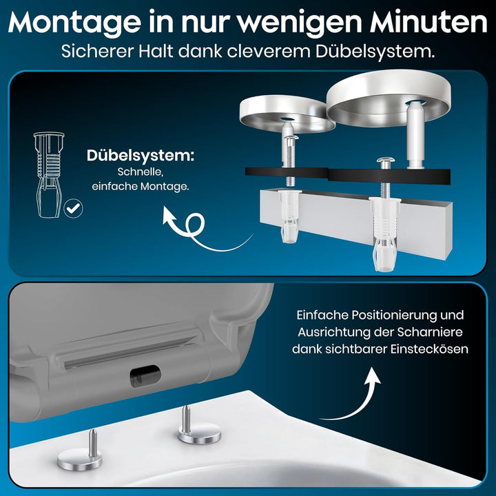 WC-Sitz mit Absenkautomatik, antibakteriell, UV-beständig, mit Quick-Release & Montageschablone – le