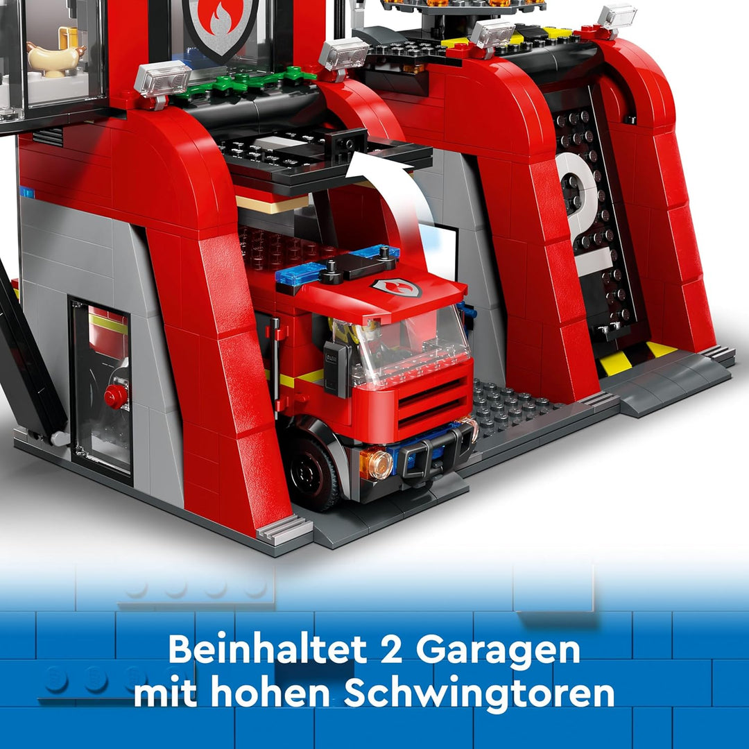 LEGO City Feuerwehrstation mit Drehleiterfahrzeug, Feuerwehr-Spielzeug mit Feuerwache und Feuerwehra
