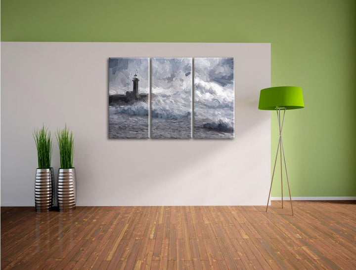 Pixxprint Sturmwellen Leuchtturm Portugal als Leinwandbild/Grösse: 3 Teilig (120x80 cm) cm/Wandbild/