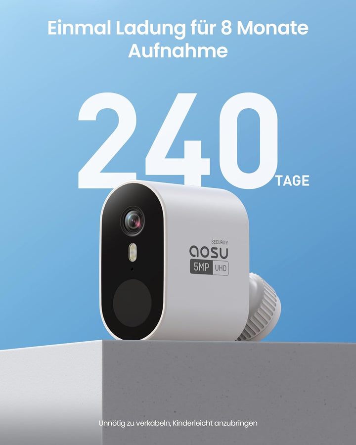 aosu 3K 5MP Überwachungskamera Aussen Akku 240 Tage 2-Kit + Aosubase 32GB Lokaler Speicher ohne ABO