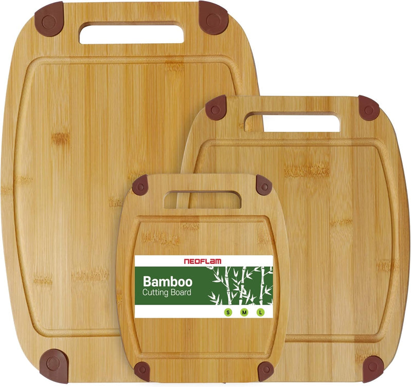 NEOFLAM® - Bambus Schneidebrett Holz rutschfest 3er Set Schneidbretter mit Griff & Saftrille - natür
