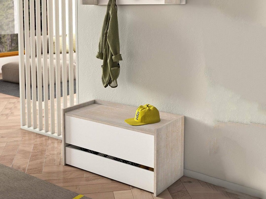 Dmora - Truhenbank Lantana, Moderne Eingangsmöbel mit Schuhregal, Koffertruhe mit zwei Behältern, 10