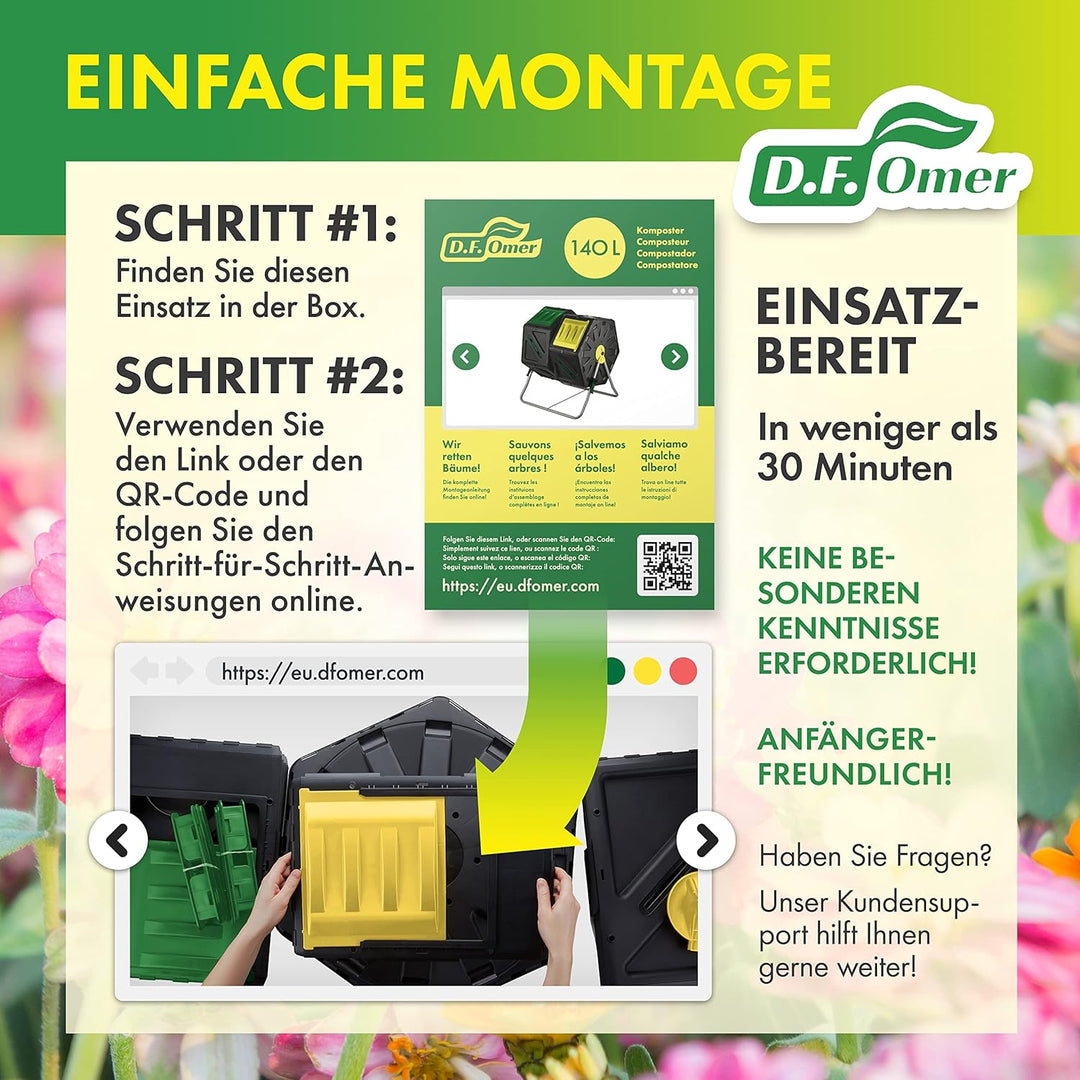 DF OMER Zweikammer-Trommelkomposter – Kleiner Komposter mit Easy-Turn-System, 2 Schiebetüren, Stabil