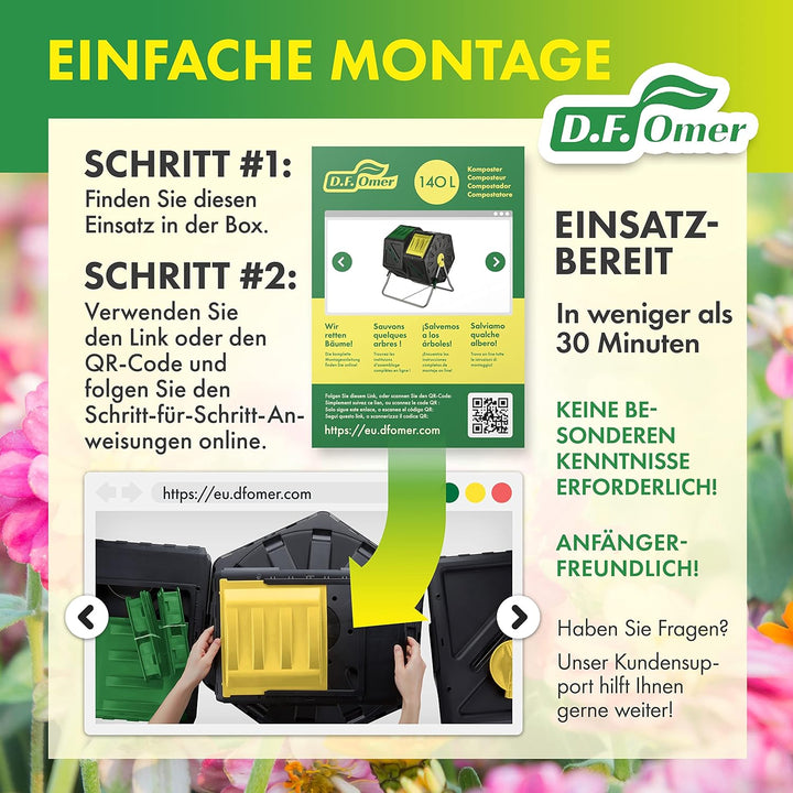 DF OMER Zweikammer-Trommelkomposter – Kleiner Komposter mit Easy-Turn-System, 2 Schiebetüren, Stabil